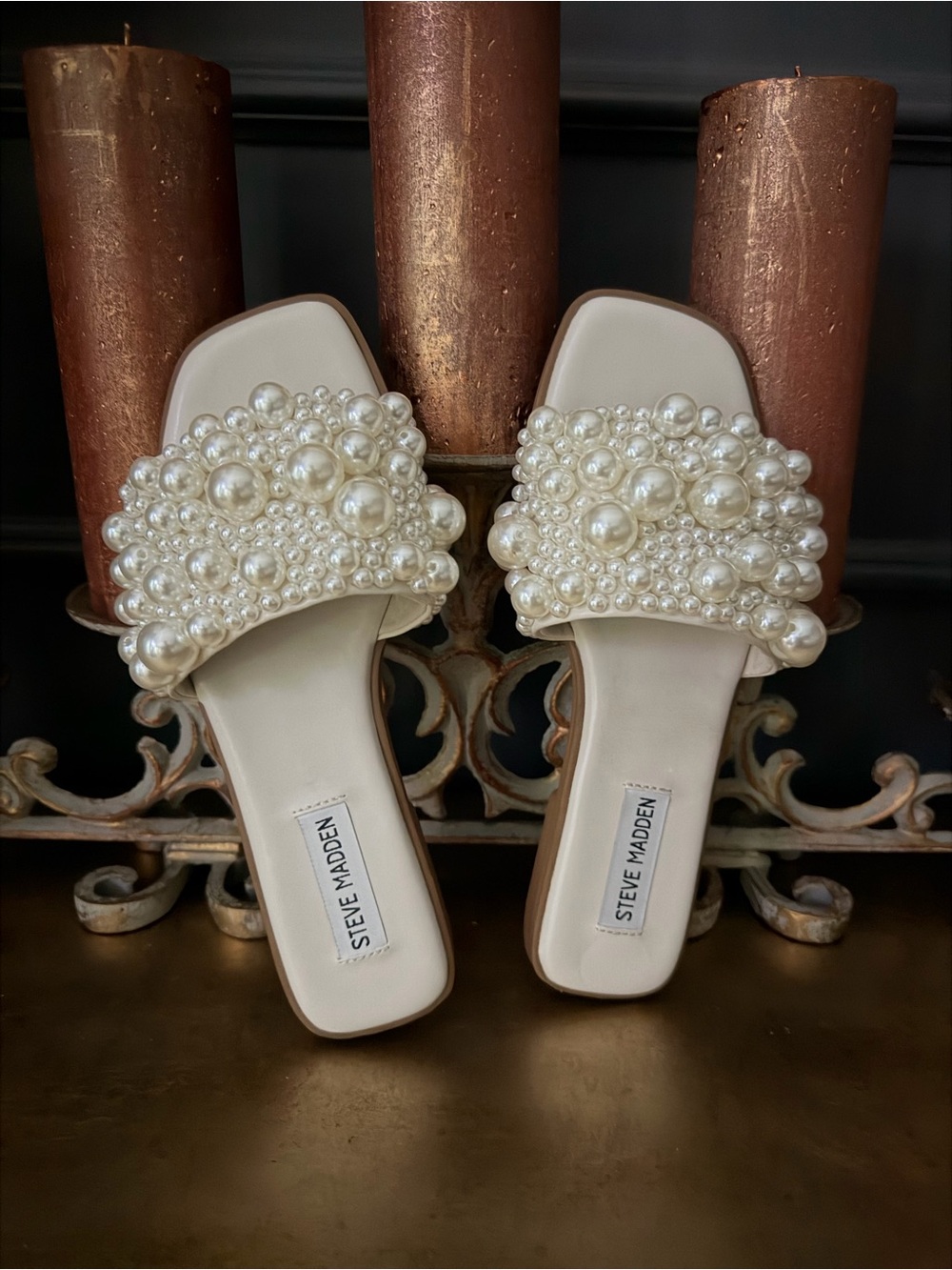 Steve Madden Ivory Pearl-Cluster Slide Mules